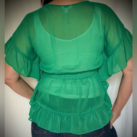 Candies Kelly Green Light Weight Ruffle Top with Ruched Waist - Picture 3 of 6